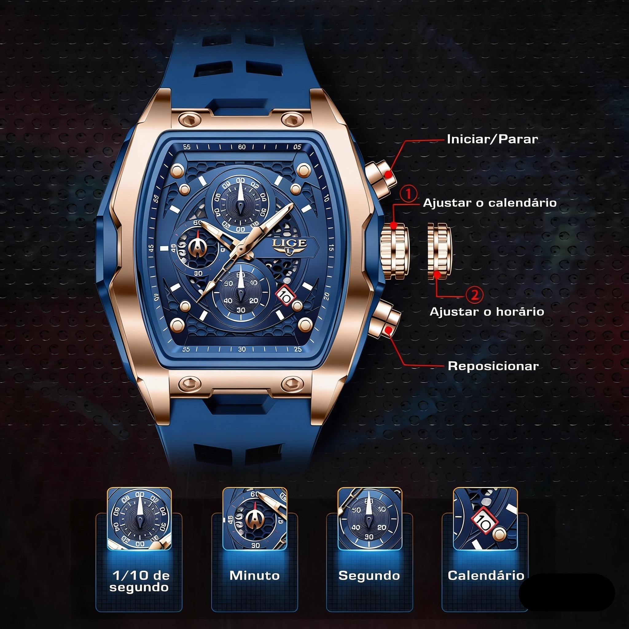 Relógio LIGE Silicone Sport Cronógrafo - Quartzo 3ATM Luminoso Data Automática