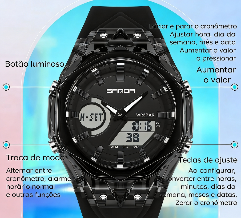 Relógio SANDA Digital Esportivo - Analógico e Digital 5ATM Multifunção Unissex