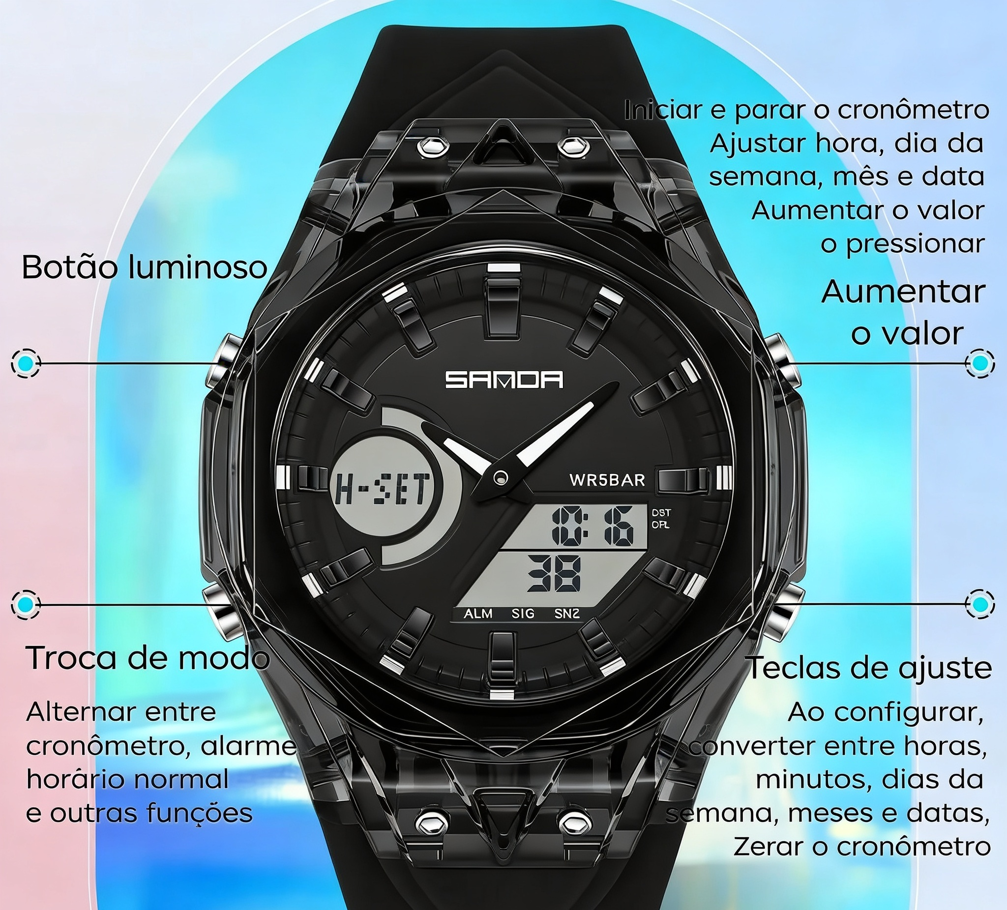 Relógio SANDA Digital Esportivo - Analógico e Digital 5ATM Multifunção Unissex