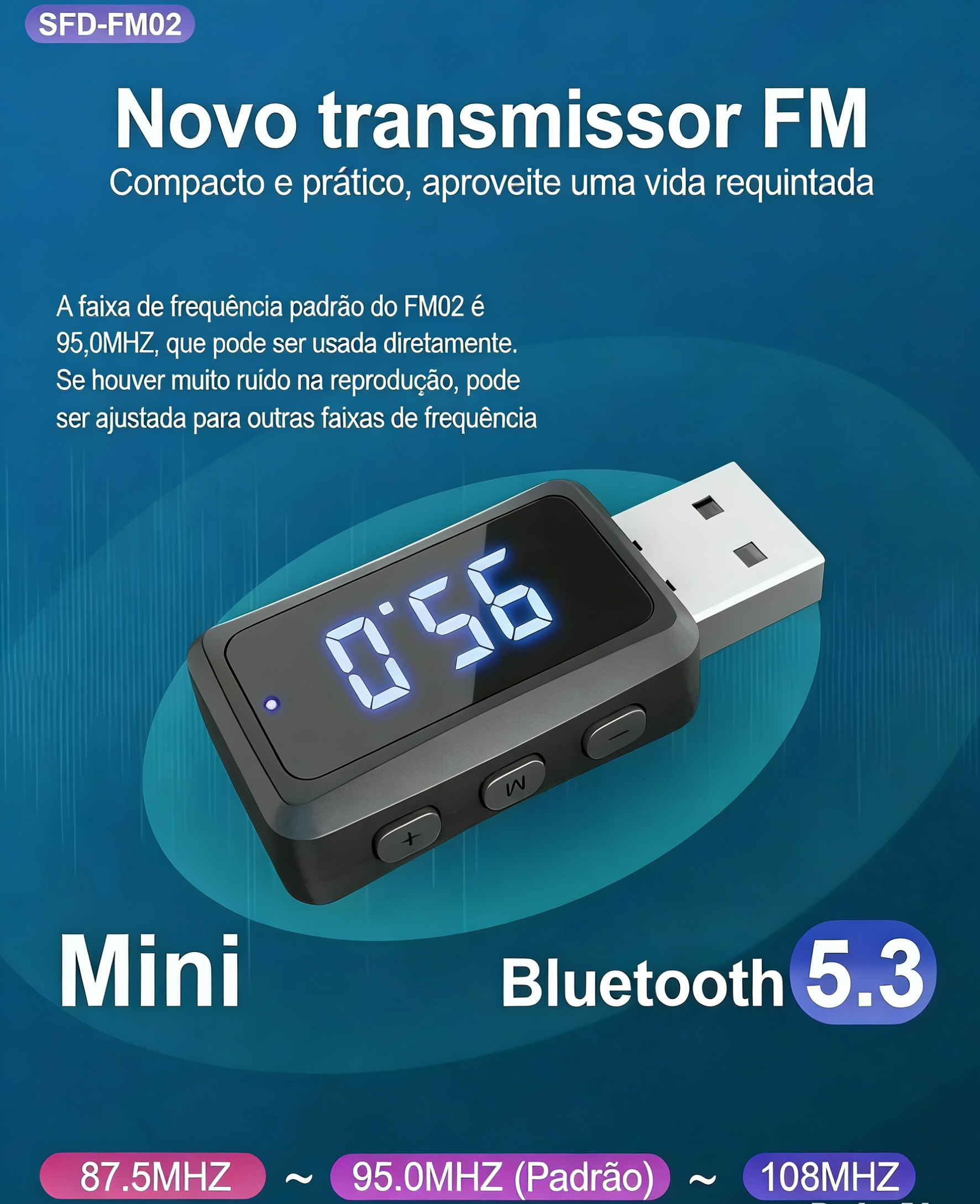 Transmissor Bluetooth 5.3 VIKEFON para Carro - USB - Rádio FM e Chamadas Viva-Voz