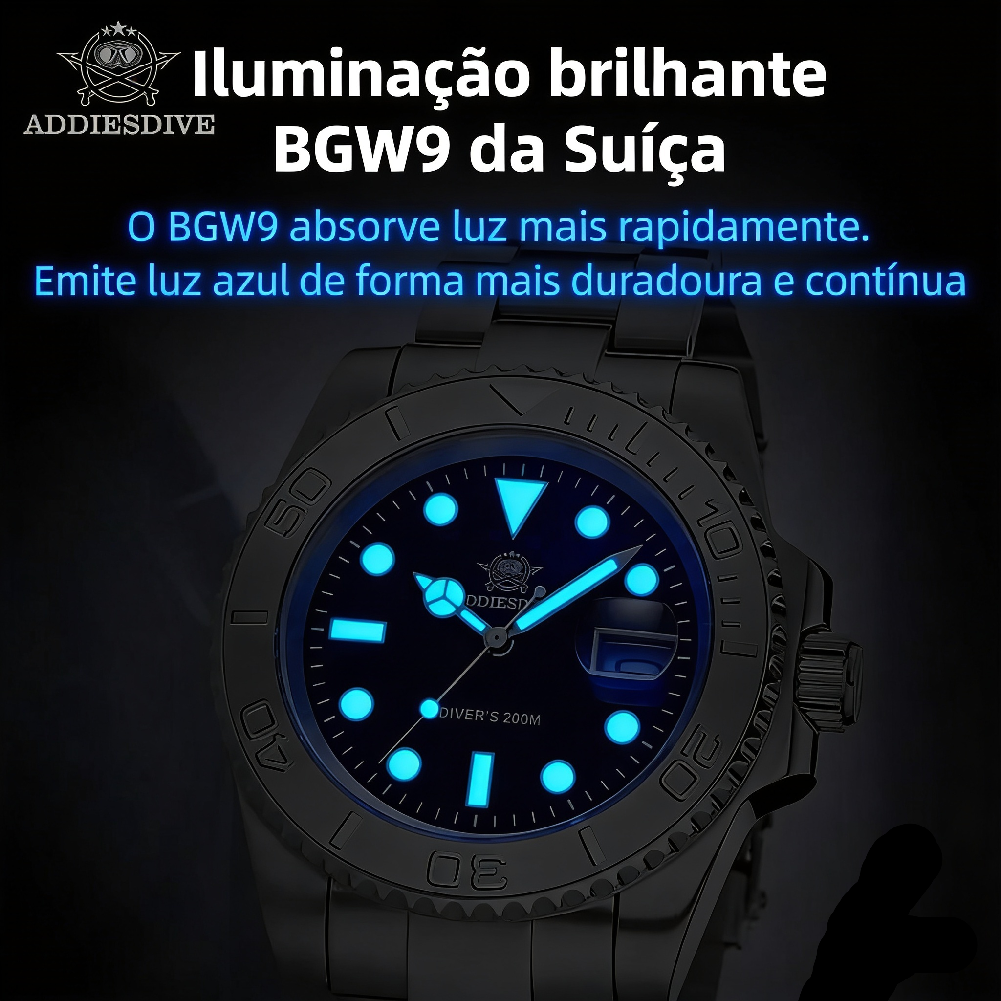 Relógio ADDIESDIVE Super Luminoso - Quartzo Miyota 20ATM Mergulho Aço 316L Business