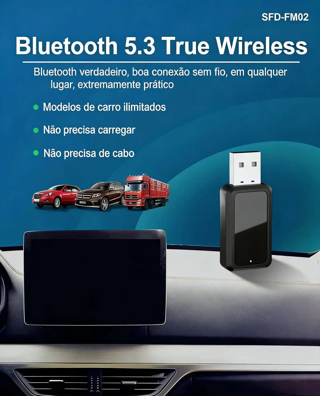 Transmissor Bluetooth 5.3 VIKEFON para Carro - USB - Rádio FM e Chamadas Viva-Voz