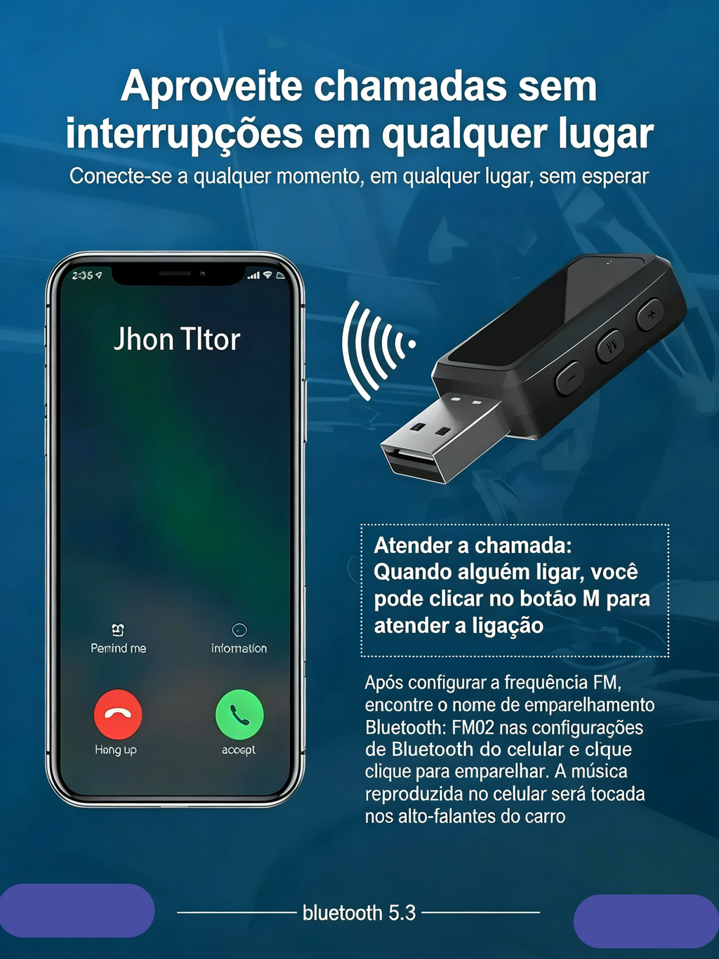 Transmissor Bluetooth 5.3 VIKEFON para Carro - USB - Rádio FM e Chamadas Viva-Voz