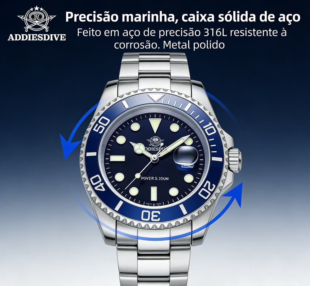 Relógio ADDIESDIVE Super Luminoso - Quartzo Miyota 20ATM Mergulho Aço 316L Business