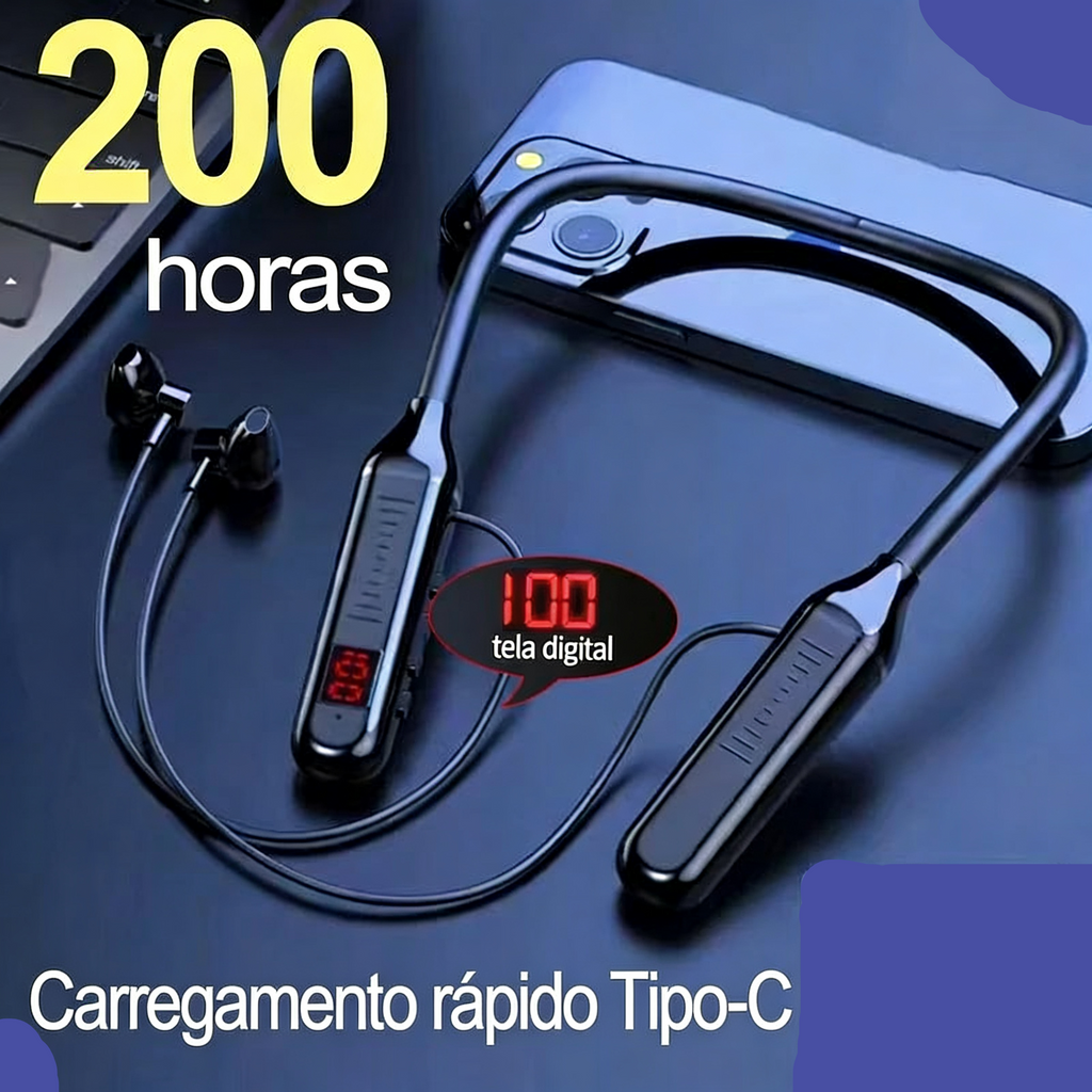 Fone Bluetooth 5.3 Neckband com Display LED - Estéreo Gamer À Prova d'Água com Microfone