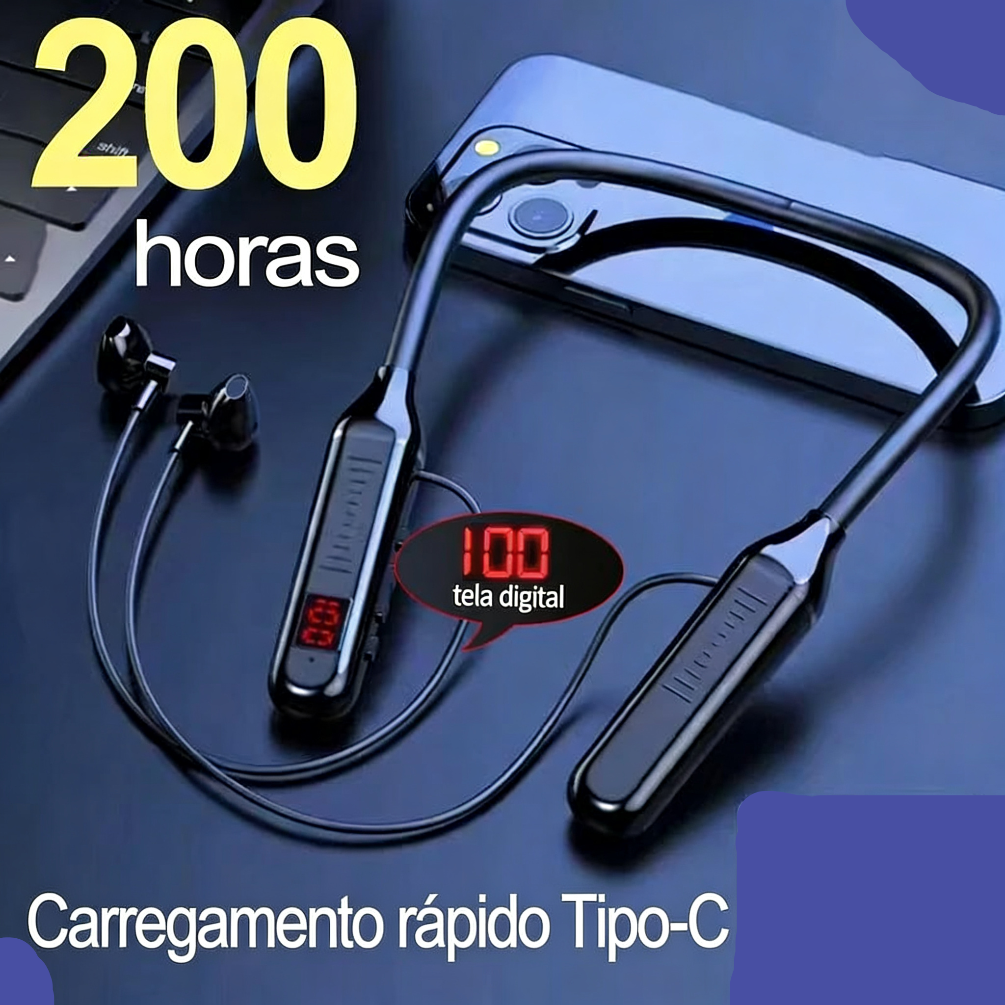 Fone Bluetooth 5.3 Neckband com Display LED - Estéreo Gamer À Prova d'Água com Microfone