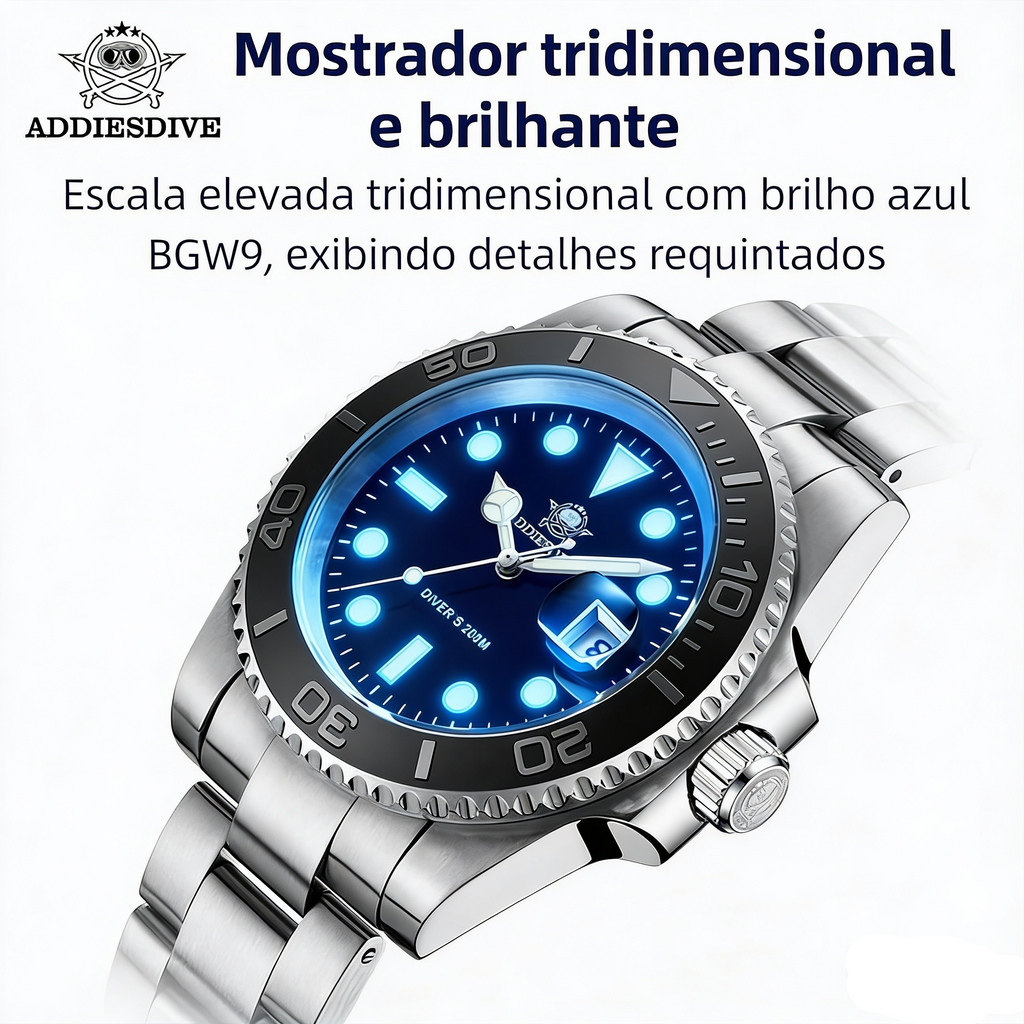 Relógio ADDIESDIVE Super Luminoso - Quartzo Miyota 20ATM Mergulho Aço 316L Business
