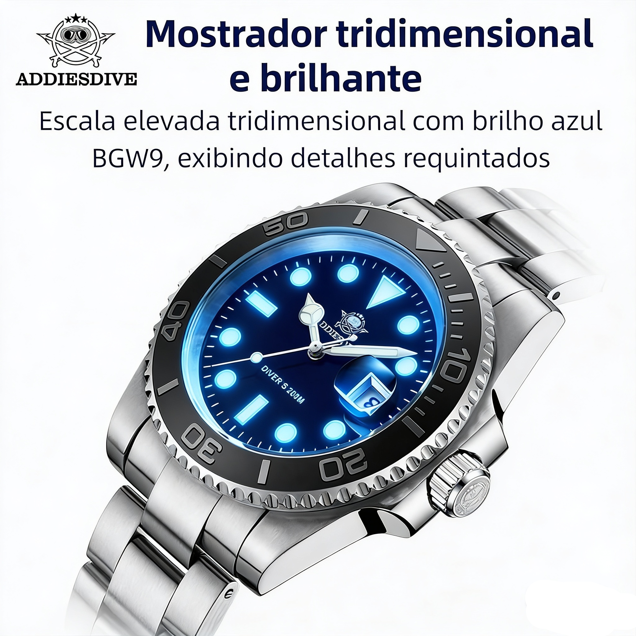 Relógio ADDIESDIVE Super Luminoso - Quartzo Miyota 20ATM Mergulho Aço 316L Business