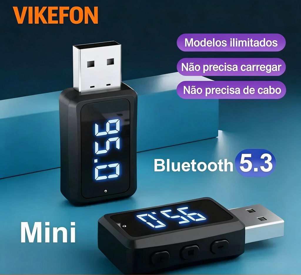 Transmissor Bluetooth 5.3 VIKEFON para Carro - USB - Rádio FM e Chamadas Viva-Voz