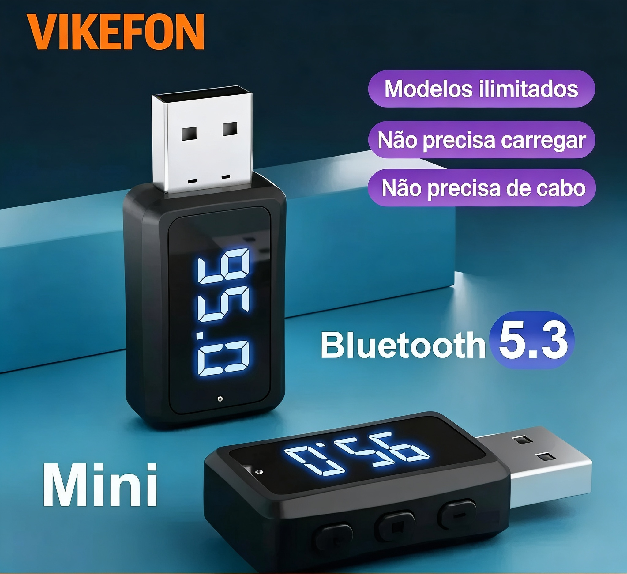 Transmissor Bluetooth 5.3 VIKEFON para Carro - USB - Rádio FM e Chamadas Viva-Voz