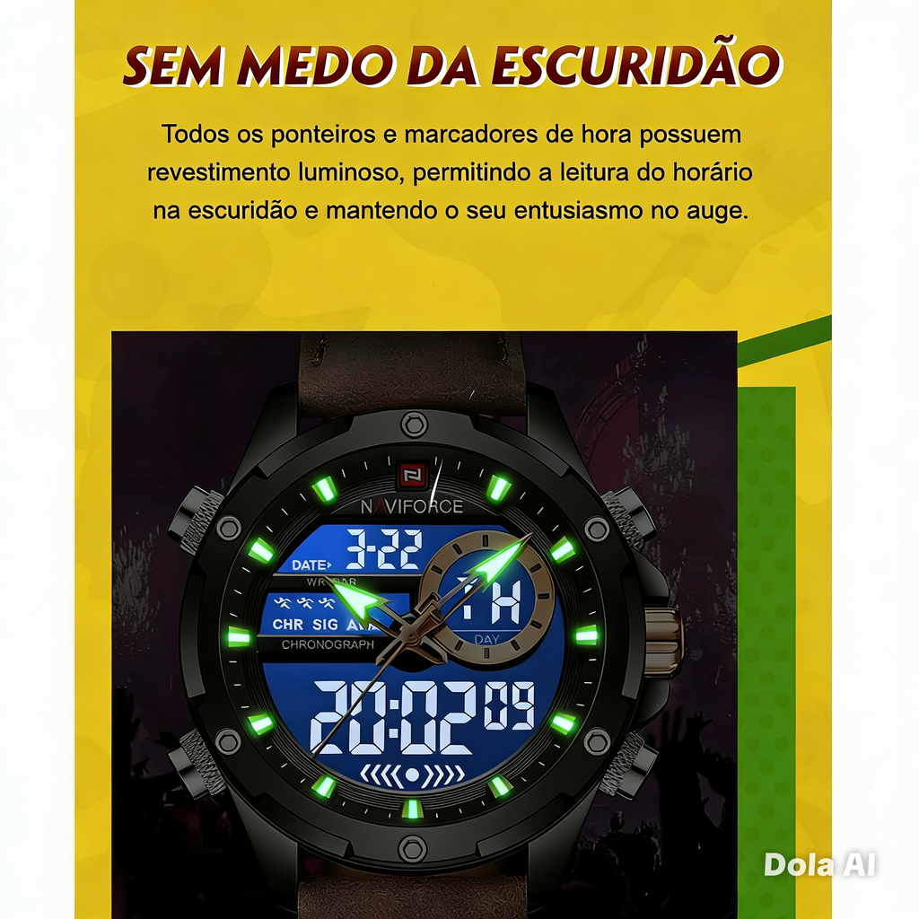 Relógio NAVIFORCE LED Digital Military - Quartzo Dual Display 3ATM Cronógrafo Couro