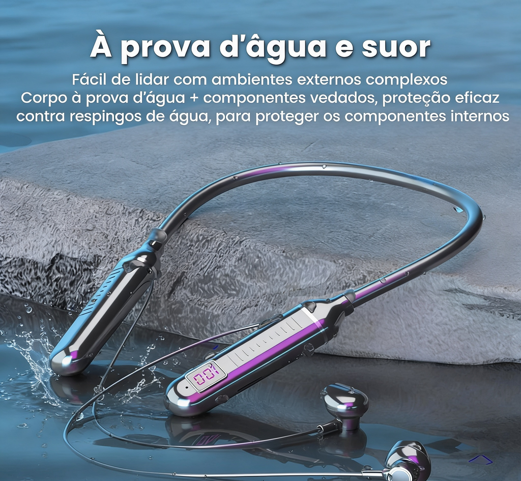 Fone Bluetooth 5.3 Neckband com Display LED - Estéreo Gamer À Prova d'Água com Microfone