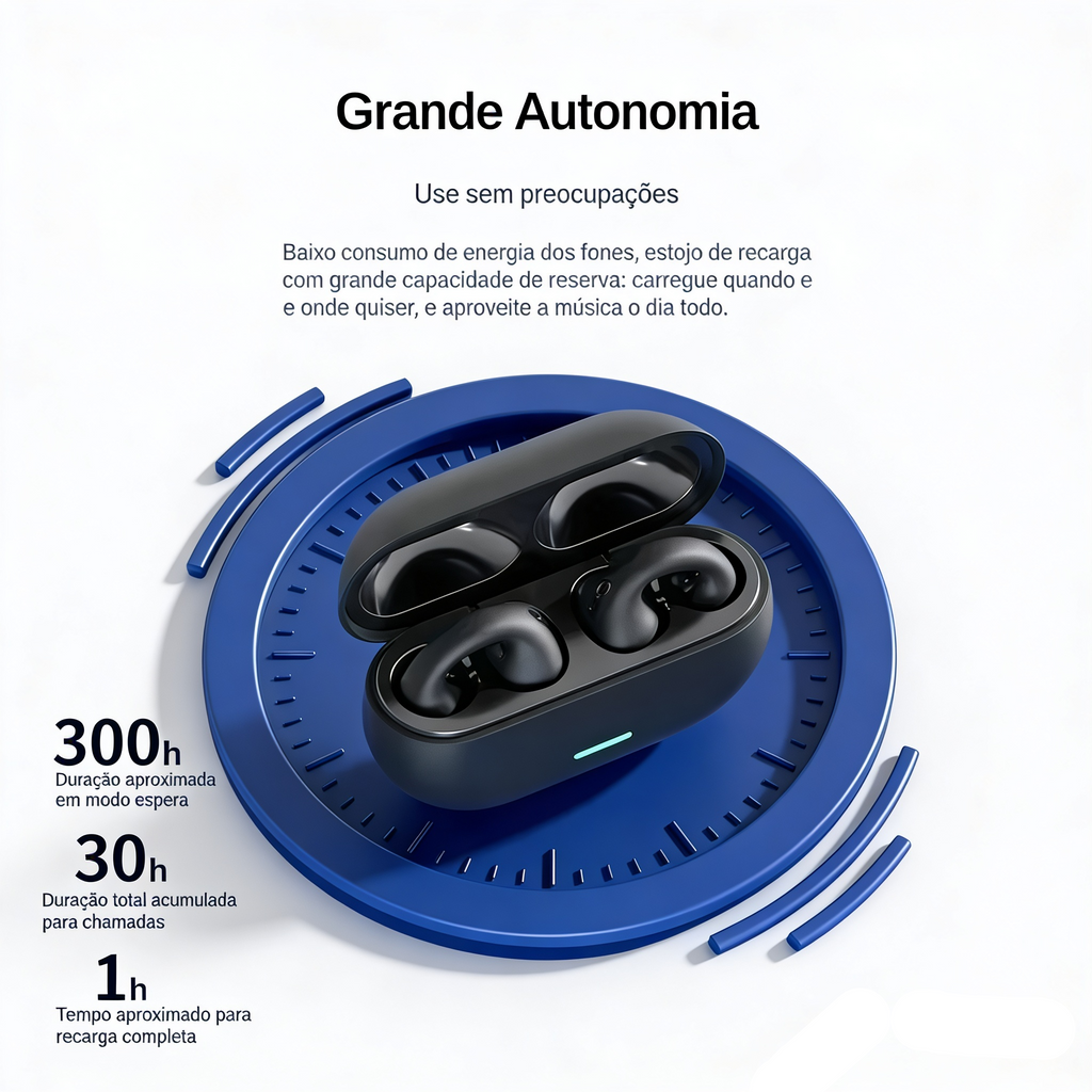 Fone Bluetooth 5.3 Clip Ear - Condução Aérea sem Fio - Esportivo com Cancelamento de Ruído